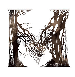 水彩字母 M 的艺术森林卡通字母表从树枝