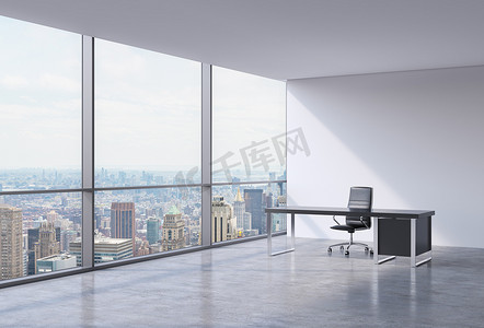 A workplace in a modern corner panoramic office in New York, Manhattan. A black leather chair and a black table. A concept of financial consulting services. 3D rendering.