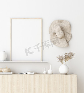 把客厅内部的招贴画框弄得乱七八糟.斯堪的纳维亚内部风格。3D渲染