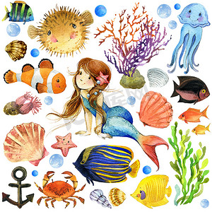 外来鱼、 珊瑚礁、 藻类、 不寻常的海洋动物、 海贝壳、 海葵和装饰海洋为主题。水下世界组。儿童水彩插图