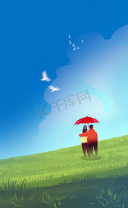 数字插画艺术绘画风格一对情侣在红色的雨伞下, 在绿色的田野或草地上, 白鸟在蓝天和浮肿的云彩。爱, 情人节概念.