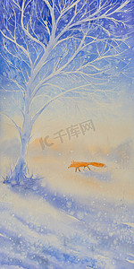 冬季现场与狐狸, 树和雪覆盖领域和干草。用水彩创建的图片.