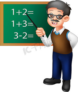 英俊的数学老师卡通站立教与微笑和指向