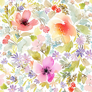 painting摄影照片_Seamless spring pattern. Watercolor painting.