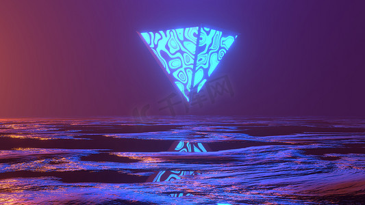 3D渲染，抽象的蓝色霓虹灯背景，深奥的三角形入口和在水中的反射。幻想的宇宙景观。空间景观、虚拟现实、紫外线光谱
