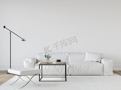 客厅内饰现代中风格，非白色，带有皮革沙发、金属桌、书包和地灯/ 3D插图，3D渲染 