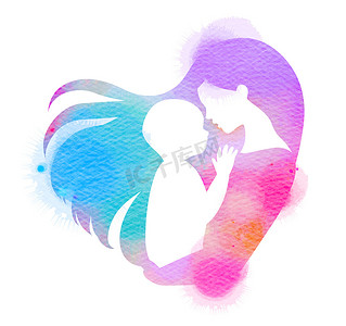 双重曝光插图。侧视图的快乐妈妈抱着可爱的孩子婴儿剪影加上抽象的水颜色画。母亲节。数字艺术绘画.