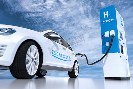 燃油摄影照片_加油站燃油分配器上的氢气标识.h2无排放环保型运输燃烧发动机。3d渲染