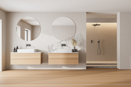 现代浴室，有白色墙壁，两个水池，有圆形镜子和淋浴间，还有左边的窗户灯。3d渲染