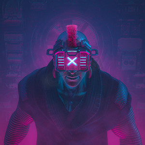 科幻网络朋克黑社会角色戴着未来派眼镜的网络软件黑客老大/ 3D图解