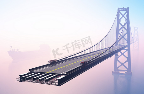 在雾中建造一座桥。, 3d 渲染