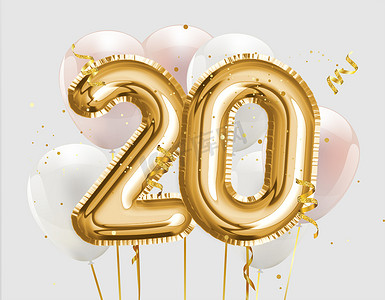 好评返现模板摄影照片_生日快乐20岁生日金箔气球背景。 20周年标志的模板20周年庆祝与Confetti 。 照片库存