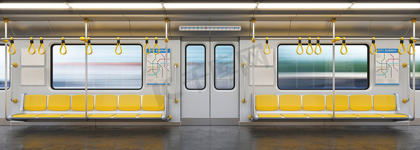 地铁车厢内空置，地铁横断面，3D渲染
