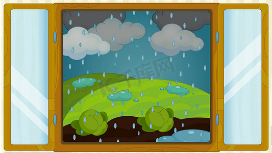 卡通场景与窗口-天气阴雨-暴风雨