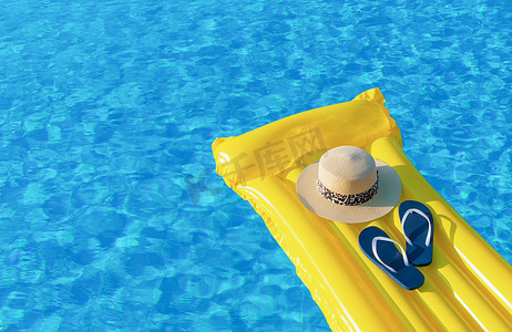 海滨暑假背景.游泳池上的充气气垫、翻盖和帽子.