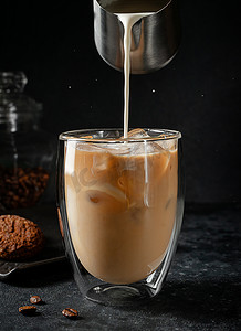 冰镇冰块摄影照片_在黑色背景的冰镇咖啡中倒入奶油.