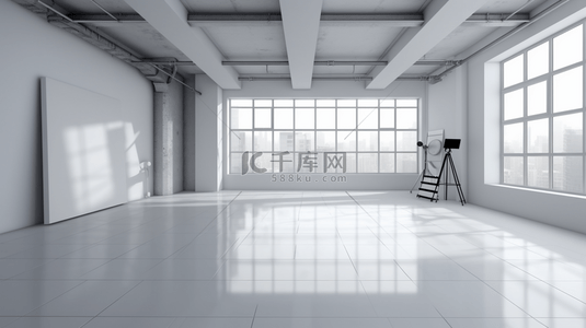 窗影和阳光照在空房间的白色墙和地板上 3D 渲染。