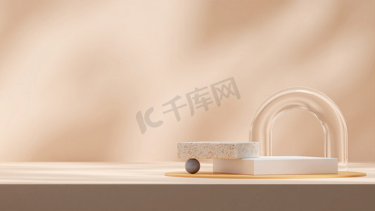 3d render template mock up of white and terrazzo podium in landscape with glass arch and sphere