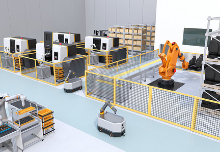 智能工厂中的移动机器人、双臂机器人、重载机器人电池和Cnc机器。 3D渲染图像.