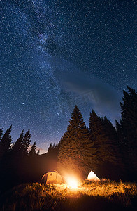 露营交友摄影照片_明亮的夜空撒满了星星和银河.参天大树的轮廓给风景增添了魔力。晚上在松树林中露营，在两个旅游帐篷附近篝火熊熊燃烧