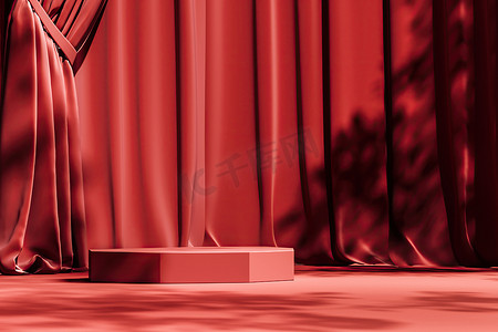 红幕上的红色平台,背景上的遮阳伞和树影.产品或广告展示的摘要背景.3d渲染