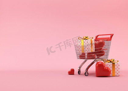 hearts摄影照片_Shopping cart, trolley with gift boxes and hearts on pink background with free space for text, copy space. Valentines Day, sale. 3D illustration.