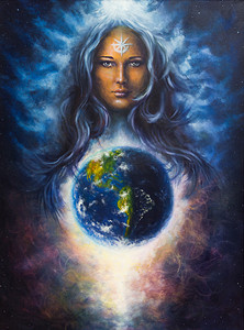 在画布上的女人女神旱地作为强大爱心监护人和保护精神地球上的美丽的油画