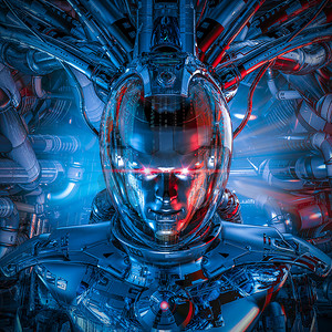 朋克赛博数字摄影照片_Android任务重点/太空飞船驾驶舱内科幻赛博庞克男性人形机器人的3D演示