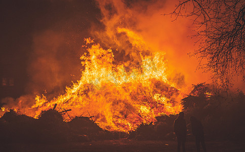 大火摄影照片_森林大火中的烈焰。火焰照亮了夜晚
