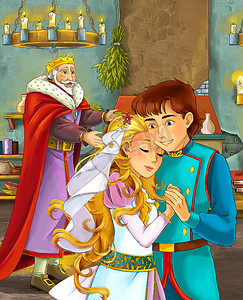 卡通场面与愉快的恋人国王站立在背景和微笑-例证为孩子
