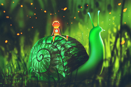 与可爱的机器人绿色蜗牛坐在它背靠夜森林