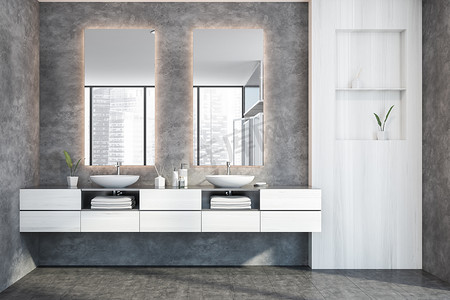 现代浴室的内部有白色和混凝土墙，混凝土地面和两个垂直的镜子双水池。3d渲染
