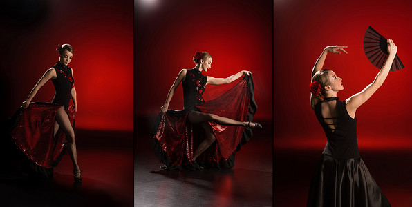 照片上的年轻貌美的女人在用红色扇子跳舞的时候触摸衣服
