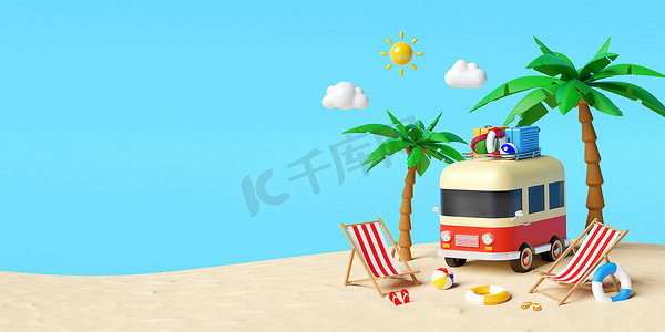 暑假的概念，乘货车前往海滩，在棕榈树下附有沙滩椅的旅行附件，3D插图