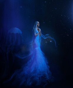 一个水母女孩漂浮在一个黑暗的海底悬浮。一条美丽的白色连衣裙和一顶带有触角的帽子, 上面飘着水。空间, 外星人创造。艺术照片