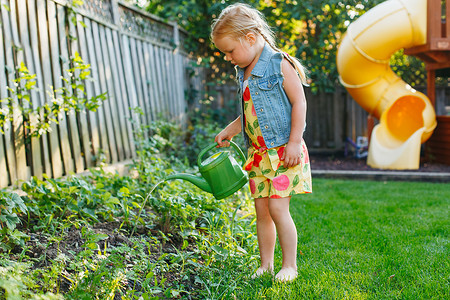 女孩浇水绿色的植物