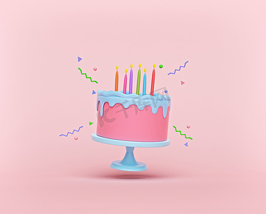 卡通风格的飞行生日蛋糕与蜡烛隔离在油腻的背景。升空。色彩艳丽的最小设计。3d渲染