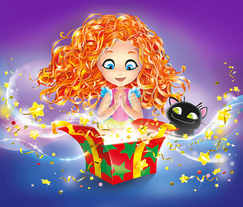 可爱快乐的小女孩、 孩子、 孩子和猫站在打开圣诞、 新年或生日现在从中背离的发光的星星，像爆竹或烟花。与礼品盒黑色背景明亮童话插图