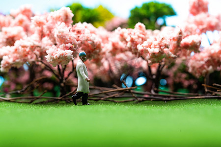 樱花树下草地上医生行走的身影