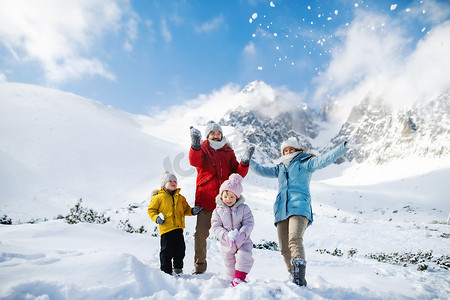 父亲和母亲带着两个小孩在冬天的大自然里，在雪地里玩耍.