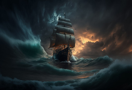 海浪汹涌摄影照片_在一个漆黑而狂风暴雨的夜晚，大船在汹涌的海浪中颠簸而过
