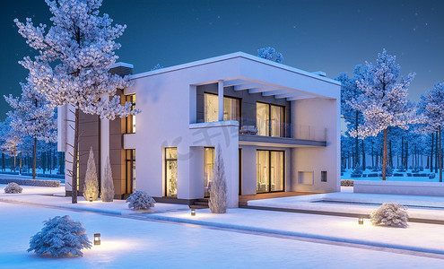 很多房子摄影照片_现代冬季房子晚上的 3d 渲染