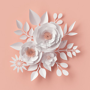 3d 渲染，数码插画，白色纸花、 花卉背景、 新娘捧花，情人节贺卡