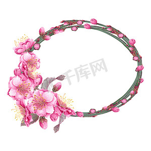 水彩花卉框架摄影照片_手绘樱桃花环.