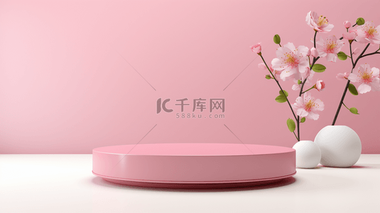 背景墙粉色背景图片_绿色粉色方形讲台的3D渲染模板，背景为粉彩色调色板和阴影墙。