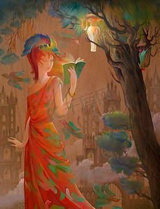 过去的秘密。木材上的油画。一个美丽的幻想东方女人读童话的肖像。古代中世纪传说的图解.