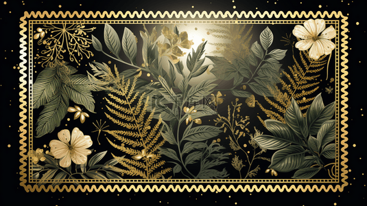 金色的边框背景图片_金色边框在米色背景上的叶子图案。