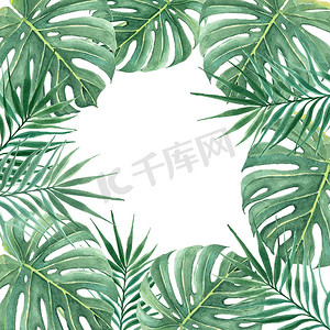 jungle摄影照片_Frame with watercolor colorful tropical leaves and bright plants