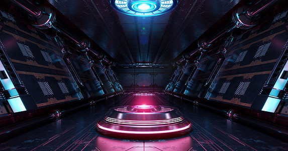 蓝色和粉色宇宙飞船内部有照明投影仪。空间站的未来派走廊，背景为发光的霓虹灯。3d渲染