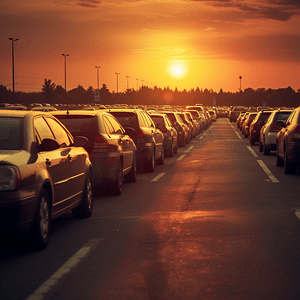 汽车停放在道路上排汽车很多停车在线和日落